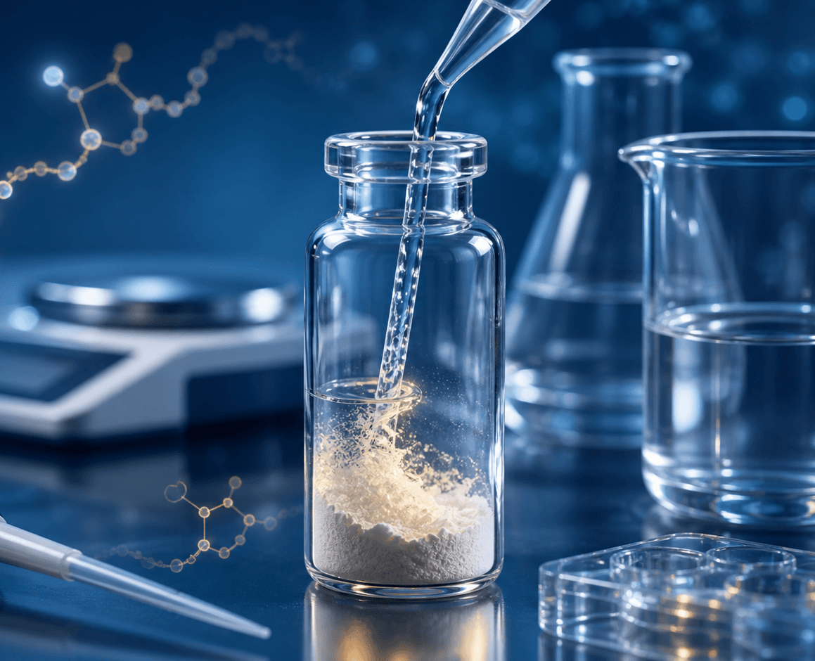 Reconstituting lyophilized peptides without losing yield. — illustration accompanying the hábit Labs research journal article on methods.