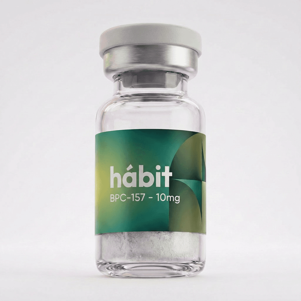 BPC-157 10mg research peptide vial — Body Protection Compound — hábit Labs, lot BPC-2604-A, third-party verified by COA.