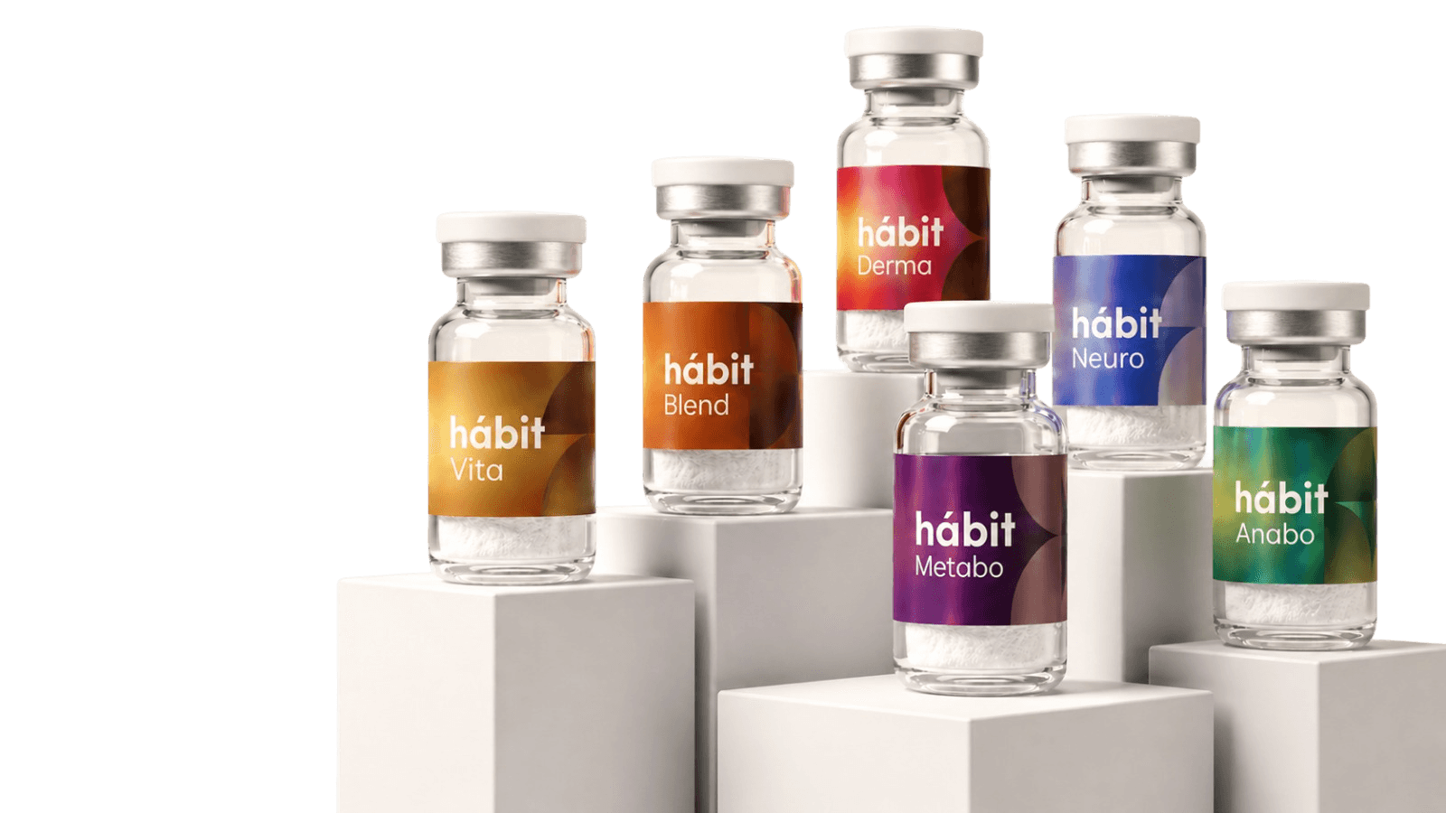 The hábit lineup — Vita, Blend, Derma, Metabo, Neuro, and Anabo vials on white pedestals