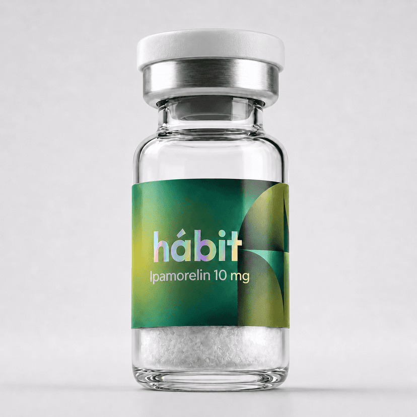Ipamorelin 10mg research peptide vial — Selective growth-hormone secretagogue — hábit Labs, third-party verified.
