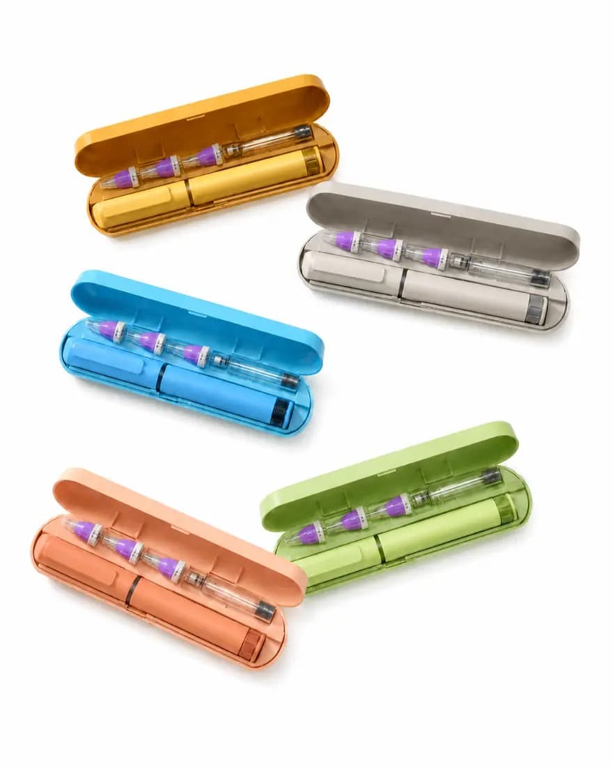 Transport Case — hard-shell transport case for laboratory vials, shown in five colours.
