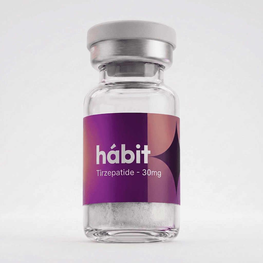 Tirzepatide 30mg research peptide vial — Dual GIP/GLP-1 receptor agonist — hábit Labs, lot TZP-2604-A, third-party verified by COA.