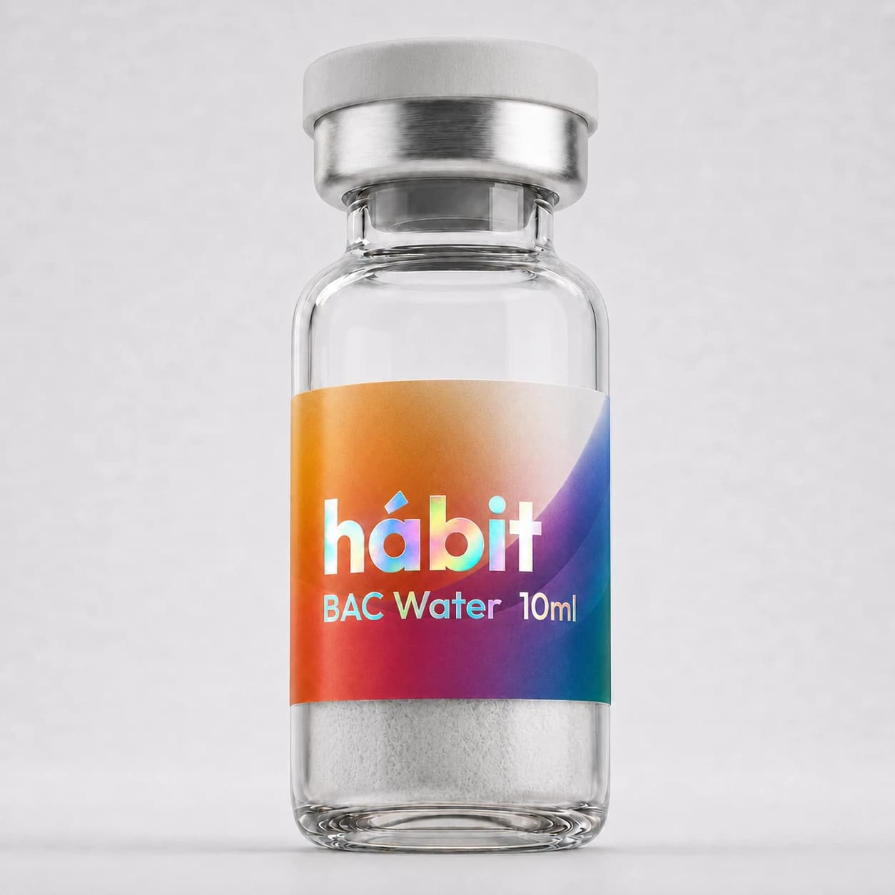 Bacteriostatic Water — Reconstitution. A 10 ml hábit vial of bacteriostatic water — clear glass, aluminium crimp and white stopper, with a holographic label.
