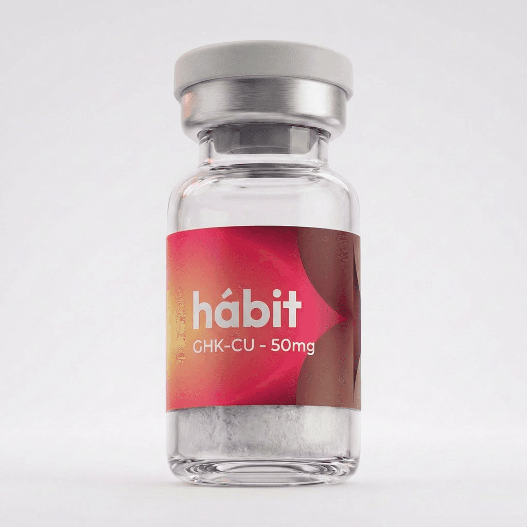 GHK-Cu 50mg research peptide vial — Copper tripeptide-1 — hábit Labs, lot GHK-2604-A, third-party verified by COA.