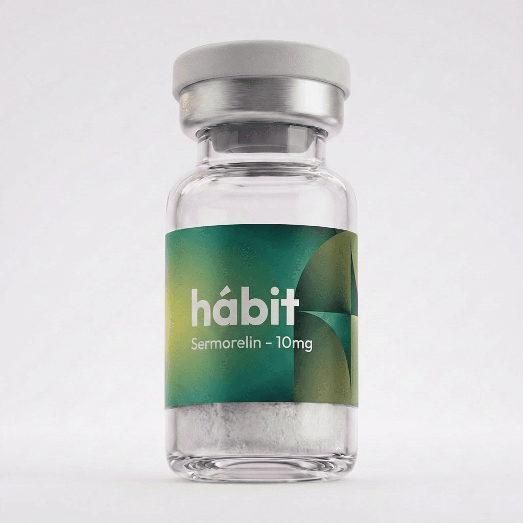 Sermorelin 10mg research peptide vial — GHRH (1–29) analog — hábit Labs, lot SER-2604-A, third-party verified by COA.