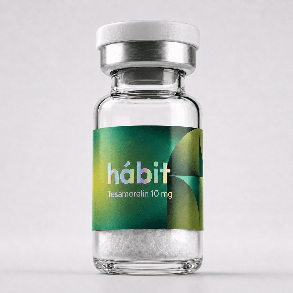 Tesamorelin 10mg research peptide vial — Stabilized GHRH(1-44) analog — hábit Labs, lot TES-2606-A, third-party verified by COA.